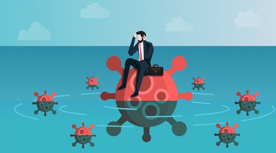 Illustration av en uppgiven affärsman som sitter på en röd boll i vatten