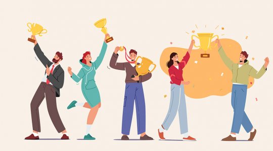 Ett vinnande team som håller upp pokaler och medaljer