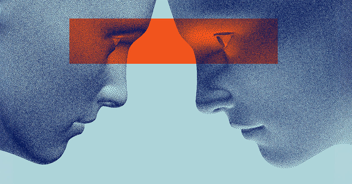 Illustration två personer som står öga mot öga